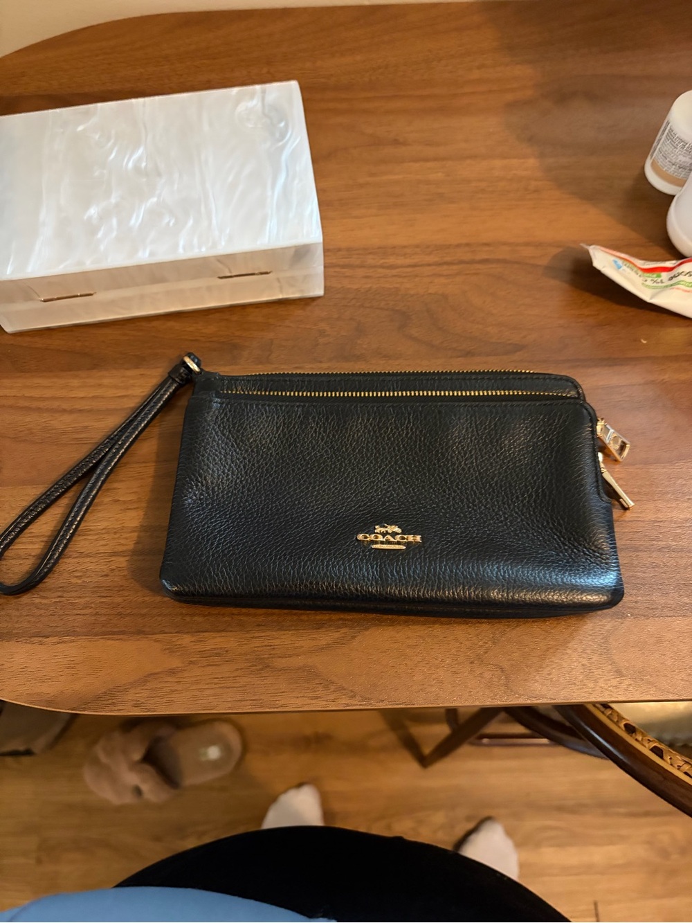 Coach Black Pebbled Leather Wristlet with Gold Hardware